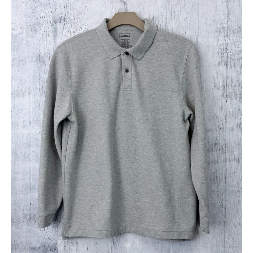 L.L.Bean Polo Shirt Mens L Heather Gray Long Sleeve Knit Cotton 1/4 Button